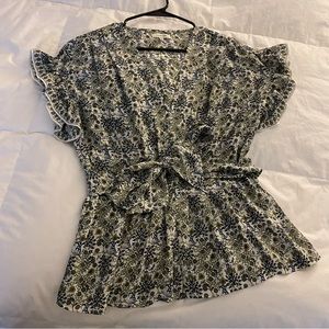 Max Studio Flutter Sleeve Floral Tie Waist Blouse